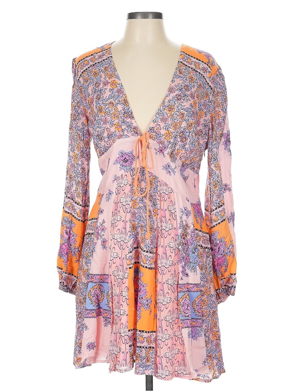 Free People Pink & Orange Floral Boho Long-Sleeve Mini Dress